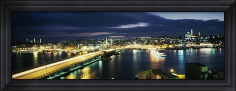 Framed High angle view of a bridge lit up at night, Istanbul, Turkey Print