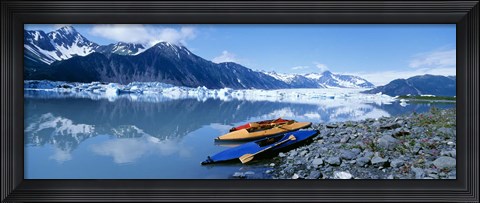 Framed USA, Alaska, Kayaks by the side of a river Print