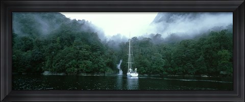 Framed Yacht in the ocean, Fiordland National Park, South Island, New Zealand Print