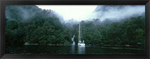 Framed Yacht in the ocean, Fiordland National Park, South Island, New Zealand Print