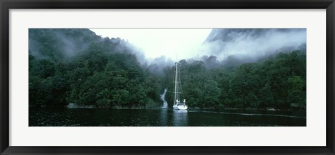 Framed Yacht in the ocean, Fiordland National Park, South Island, New Zealand Print