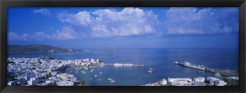 Framed High angle view of buildings at a coast, Mykonos, Cyclades Islands, Greece Print