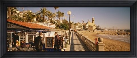 Framed Tourists in a cafe, Tapas Cafe, Sitges Beach, Catalonia, Spain Print