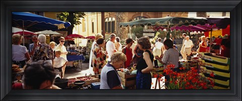 Framed Group of people in a street market, Ceret, France Print