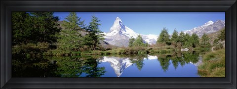 Framed Reflection of trees and mountain in a lake, Matterhorn, Switzerland Print