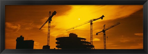 Framed Silhouette of cranes at a construction site, London, England Print