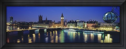 Framed Buildings lit up at dusk, Big Ben, Houses Of Parliament, Thames River, London, England Print