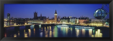 Framed Buildings lit up at dusk, Big Ben, Houses Of Parliament, Thames River, London, England Print