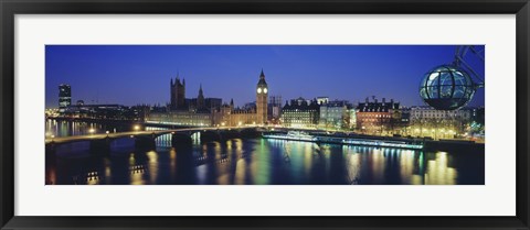 Framed Buildings lit up at dusk, Big Ben, Houses Of Parliament, Thames River, London, England Print