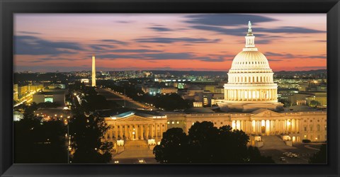 Framed High angle view of a city lit up at dusk, Washington DC, USA Print