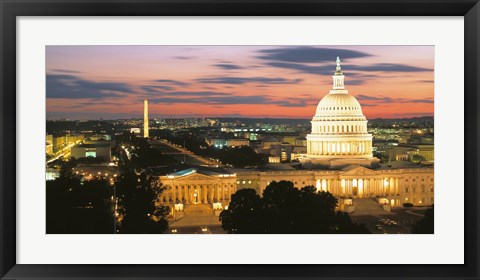 Framed High angle view of a city lit up at dusk, Washington DC, USA Print