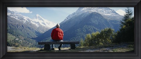 Framed Hiker Contemplating Mountains Switzerland Print