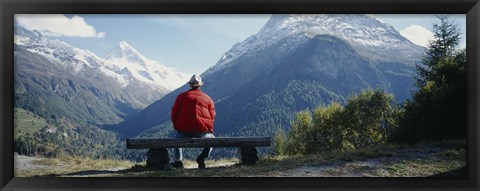 Framed Hiker Contemplating Mountains Switzerland Print