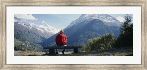 Framed Hiker Contemplating Mountains Switzerland Print