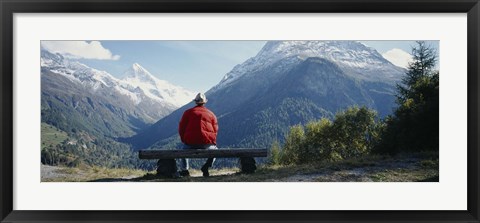 Framed Hiker Contemplating Mountains Switzerland Print