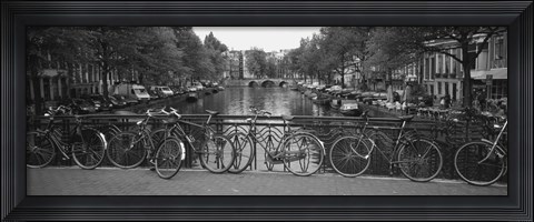 Framed Bicycle Leaning Against A Metal Railing On A Bridge, Amsterdam, Netherlands Print