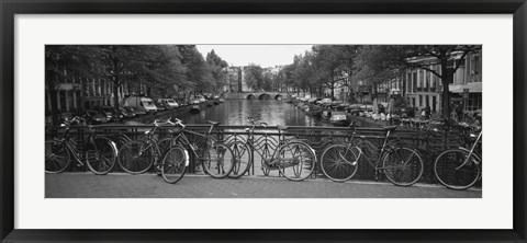 Framed Bicycle Leaning Against A Metal Railing On A Bridge, Amsterdam, Netherlands Print