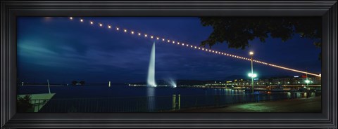 Framed Fountain at night, Jet D&#39;eau, Geneva, Switzerland Print
