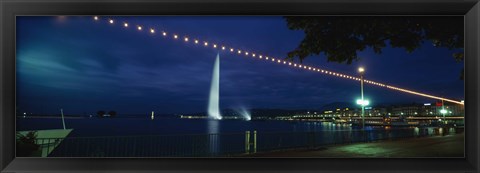 Framed Fountain at night, Jet D&#39;eau, Geneva, Switzerland Print
