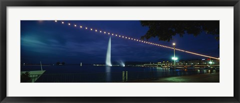 Framed Fountain at night, Jet D&#39;eau, Geneva, Switzerland Print