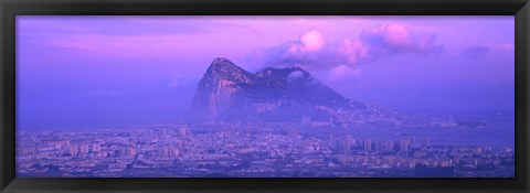 Framed Rock Of Gibraltar in the fog at dusk, Andalucia, Spain Print