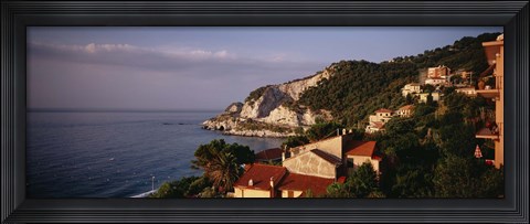Framed High angle view of a city near the sea, Ligurian Sea, Italian Rivera, Bergeggi, Liguria, Italy Print
