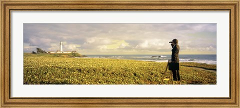 Framed USA, California, Businessman standing holding binoculars and looking at the lighthouse Print
