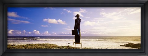 Framed Businessman Standing On A Ladder And Looking Through Binoculars, California, USA Print