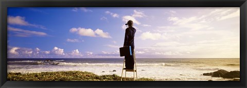 Framed Businessman Standing On A Ladder And Looking Through Binoculars, California, USA Print