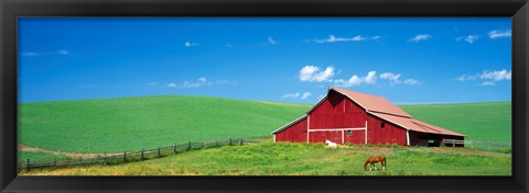 Framed Red Barn With Horses WA Print