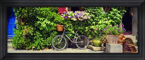 Framed Bicycle In Front Of Wall Covered With Plants And Flowers, Rochefort En Terre, France Print