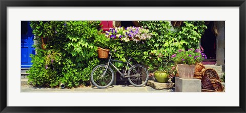 Framed Bicycle In Front Of Wall Covered With Plants And Flowers, Rochefort En Terre, France Print