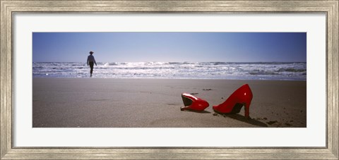 Framed Woman And High Heels On Beach, California, USA Print