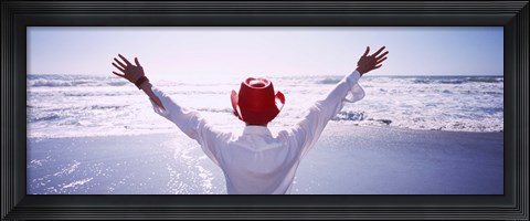 Framed Woman With Outstretched Arms On Beach, California, USA Print