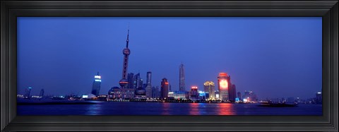 Framed Buildings at the waterfront lit up at dusk, Pudong, Shanghai, China Print