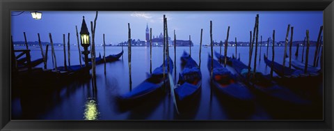 Framed Moored Gondolas at Night, Grand Canal, Venice, Italy Print