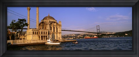 Framed Mosque at the waterfront near a bridge, Ortakoy Mosque, Bosphorus Bridge, Istanbul, Turkey Print
