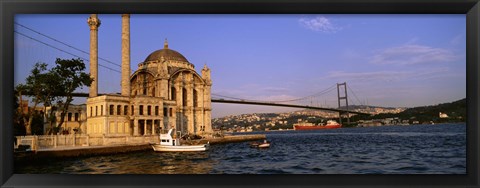 Framed Mosque at the waterfront near a bridge, Ortakoy Mosque, Bosphorus Bridge, Istanbul, Turkey Print