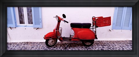 Framed Motor scooter parked in front of a building, Santorini, Cyclades Islands, Greece Print