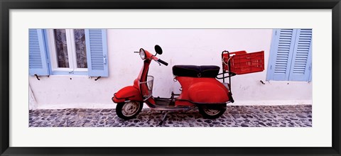 Framed Motor scooter parked in front of a building, Santorini, Cyclades Islands, Greece Print