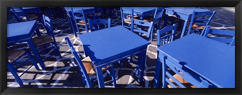Framed High angle view of tables and chairs at a sidewalk cafe, Paros, Cyclades Islands, Greece Print