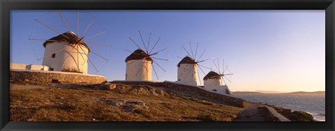 Framed Low angle view of traditional windmills, Mykonos, Cyclades Islands, Greece Print