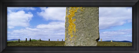 Framed Yellow markings on a pillar in the Ring Of Brodgar, Orkney Islands, Scotland, United Kingdom Print