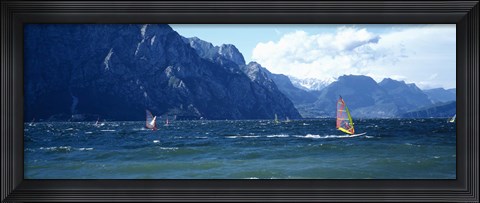 Framed Windsurfing on a lake, Lake Garda, Italy Print