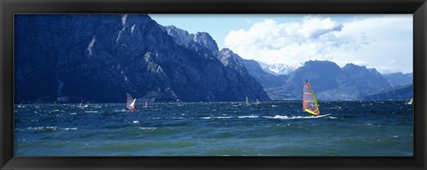 Framed Windsurfing on a lake, Lake Garda, Italy Print