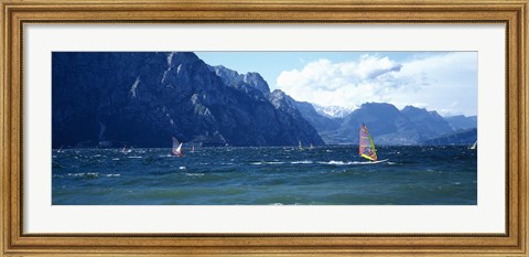 Framed Windsurfing on a lake, Lake Garda, Italy Print