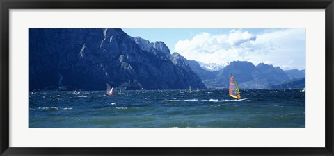 Framed Windsurfing on a lake, Lake Garda, Italy Print