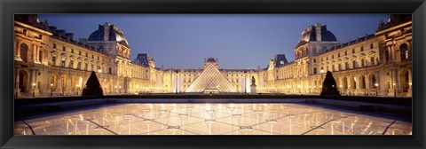 Framed Light Illuminated In The Museum, Louvre Pyramid, Paris, France Print