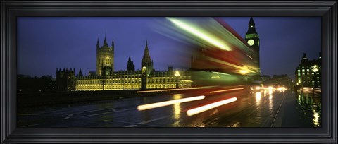 Framed England, London, Houses of Parliament, Traffic moving in the night Print