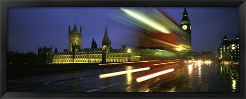 Framed England, London, Houses of Parliament, Traffic moving in the night Print